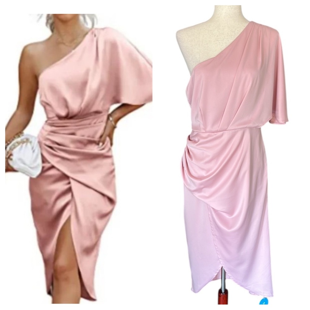 CUPSHE Satin Dress Backless One Shoulder Flared High Low Party Dress with Zipper